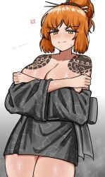 1girls anger_vein big_breasts blush blush_lines breasts cleavage closed_mouth closed_smile clothed clothed_female female female_only ishmael_(limbus_company) limbus_company long_hair mitama_nyan orange_hair smile solo solo_female