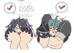 biceps blush blushing canon_couple child_bearing_hips clothed clothed_female clothed_male eyepatch eyes_closed face_between_legs face_between_thighs green_hair grey_hair happy happy_female head_between_legs head_between_thighs headlock headlock_with_thighs hips multiple_poses multiple_positions muscular muscular_male pandoria_(xenoblade) short_hair short_shorts stephanieh81080 thick_thighs thighlock thighs wide_hips xenoblade_(series) xenoblade_chronicles_2 zeke_von_genbu_(xenoblade)