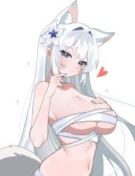 1girls absurdres animal_ear_fluff animal_ears bandages bare_shoulders belly_button blue_eyes blush breasts eyelashes female female_focus female_only flower hair_flower hair_ornament heart high_resolution highres large_breasts long_hair looking_at_viewer naked_bandage navel otoha_(stella_sora) shusuchii sidelocks simple_background smile solo stella_sora stomach tail white_background white_hair wrappings