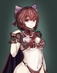 1girl 1girls armor belly belly_button bikini bikini_armor black_background black_flower black_rose bow bowtie breasts cape cleavage collar gradient_background hair_bow hair_ribbon high_collar highleg highleg_bikini highleg_panties hips hips_wider_than_shoulders impractical_armor kikimifukuri looking_at_viewer medium_breasts navel o-ring o-ring_bikini o-ring_bottom red_eyes red_flower red_hair red_rose ribbon rose rose_(flower) sekibanki short_hair solo solo_female solo_focus standing stomach thick_eyebrows touhou underboob upper_body upper_body_focus upper_body_only wide_hips wrist_cuffs