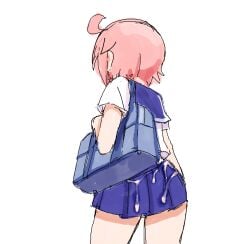 1girl ahoge bag blue_sailor_collar blue_skirt chiden commentary_request cum cum_on_ass cum_on_body cum_on_clothes nonohara_yuzuko pink_hair sailor_collar school_uniform serafuku short_hair shoulder_bag skirt thighs white_background yuyushiki yuyushiki's_school_uniform