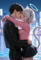 1boy 1girl ai_generated animal_ears arms_around_neck bangs belt black_hair black_jacket black_pants black_skirt blush breast_press breasts cat_ears cat_tail earrings fake_animal_ears french_kiss from_side hairband halo hetero hug hunter_x_hunter jacket jewelry kermixx kiss long_sleeves neferpitou night outdoors pants pink_shirt pleated_skirt red_eyes saliva shirt short_hair skirt sky stud_earrings tail tongue tongue_out water wet white_hair
