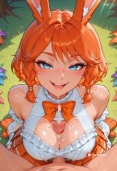 1girl ai_generated aurora bare_shoulders between_breasts blue_eyes blush braided_hair cleavage dripping flowers freckles frilled_dress glossy_skin gloves horns large_breasts league_of_legends liquid looking_at_viewer maid nipples nude open_mouth orange_bow orange_hair outdoors sitting smiling tongue upper_body white_dress