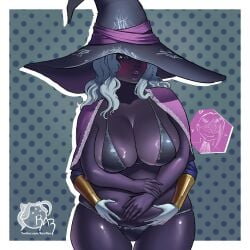 2026 2d 2girls artist_logo belly belly_grab bikini bikini_top blush blushing blushing_at_viewer bra_and_panties cleavage cloak dark-skinned_female dark_skin duchess_(nightreign) elden_ring elden_ring_nightreign female female_only fromsoftware front_view grabbing_from_behind hi_res huge_breasts looking_at_viewer medium-haired_female medium_hair multiple_girls panties partial_female picture_in_picture plump plump_belly plump_female purple-skinned_female purple_skin razillon recluse_(nightreign) string_bikini thick_thighs twitter_username white-haired_female white_hair witch_hat
