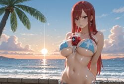 1girl ai_generated arms_behind_back bangs bare_shoulders beach between_breasts bikini blue_bikini blush breasts brown_eyes bubble_tea_challenge cloud coconut collarbone cross cross_earrings cup drink drinking drinking_straw earrings erza_scarlet fairy_tail front-tie_bikini_top front-tie_top hair_between_eyes horizon jewelry kermixx large_breasts lens_flare long_hair looking_at_viewer navel ocean outdoors palm_tree red_hair shiny shiny_skin side-tie_bikini_bottom skindentation sky solo stomach sun sunset swimsuit tree upper_body water