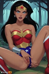1girls ai_generated anus artist_name bare_shoulders black_hair blue_eyes blush boots bracer breasts clothing_aside collarbone dc dc_comics dcau earrings female_human female_masturbation fingering fingernails forest grass hi_res jewelry knee_boots knee_up knees_up leotard leotard_aside lips lipstick long_hair looking_at_viewer makeup masturbation medium_breasts nail_polish nature on_ground outdoors parted_lips patreon_username pussy red_footwear red_lips rule34lab sitting solo spread_legs star_(symbol) star_earrings strapless superhero teeth thighs tiara tree uncensored watermark wonder_woman wonder_woman_(series)