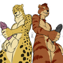 anthro balls big_penis cheetah feline furry jasiri male male_only masturbation multiple_males no_humans penis tiger