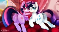 alicorn anus blue_eyes blush cutie_mark equine female feral friendship_is_magic hair high_resolution horn kohtek my_little_pony purple_body purple_eyes purple_hair pussy pussy_juice rarity_(mlp) twilight_sparkle_(mlp) unicorn white_body wings