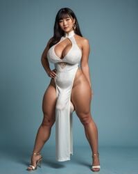 ai_generated bangs black_hair breasts bulge bulge_under_clothes bulging_balls bulging_penis cleavage dickgirl dickgirl_only futanari hand_on_hip heels huge_breasts huge_thighs looking_at_viewer pelvic_curtain penis_bulge realistic shemale thick_thighs thighs