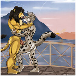 aaron_(artist) abs ass biceps blue_eyes emir erection feline fur furry gay green_eyes kissing leopard licking lion male muscles nipples no_humans nude pecs penis saliva sex snow_leopard thick thick_penis tongue wet