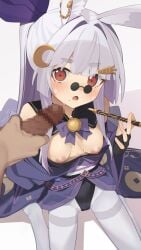 1boy 1girl absurdres animal_ear_fluff animal_ears bare_shoulders bell black_leotard blue_kimono blush bow bowtie breasts carrot_hair_ornament censored commission crescent crescent_hair_ornament elbow_gloves erection food-themed_hair_ornament gloves hair_ornament highres holding holding_smoking_pipe japanese_clothes jingle_bell kimono leotard long_hair mosaic_censoring neck_bell nipples obi original pantyhose parted_lips partner_(kprtnr) penis ponytail purple_bow purple_bowtie rabbit_ears red_eyes sash shadow sidelocks simple_background sitting smoking_pipe solo_focus surprised sweat thighband_pantyhose white_hair white_pantyhose yamanashi_kiwako_(ac8231)