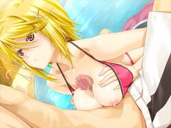 1boy 1girls areolae bare_shoulders bikini blonde_hair blush breast_squeeze breasts censored classy_cranberry's female game_cg hairclip happoubi_jin highres kujou_tsubasa large_breasts looking_up male nipples paizuri penis pink_eyes pool short_hair sitting straight sweat water