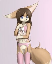 anthro blue_eyes brown_hair canine chelsea_(delicious) delicious_(artist) female fennec fox fur furry garter_belt hair lingerie pussy solo teenager thigh-highs young