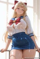 1girl ai_generated bangs blonde_hair blue_eyes blue_sailor_collar blue_skirt blush bow breasts circlet cleavage closed_mouth covered_navel covered_nipples cowboy_shot earrings hair_bow jewelry kermixx large_breasts long_hair looking_at_viewer miniskirt nipples no_bra red_bow sailor_collar sailor_moon sailor_venus school_uniform see-through serafuku shirt skirt smile solo thighs wet wet_clothes white_background white_shirt window