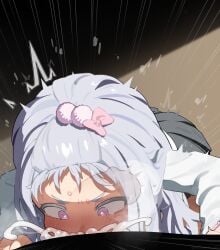 1boy 1girl absurdres blush borrowed_character commentary_request cum cum_overflow deepthroat fellatio grey_hair hetero highres kanae_(rj) long_hair long_sleeves mizumizuni necktie oral original pink_necktie purple_eyes shirt solo_focus striped_clothes striped_necktie sweat white_shirt