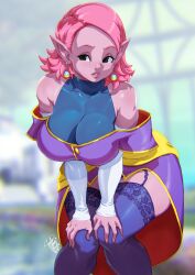 1girls 2026 bent_over big_breasts black_eyes blurry_background chronoa commission dragon_ball dragon_ball_xenoverse dragon_ball_xenoverse_2 earrings female female_only garter_straps hands_on_knees hi_res lace-trimmed_thighhighs looking_at_viewer medium_hair pink_hair pink_skin pointy_ears solo stockings supreme_kai_of_time thick_thighs tovio_rogers