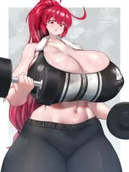 chankhyan75 cleavage curvy dumbbell gigantic_breasts gym_pants holding_dumbbell megumi_(chankhyan75) original original_character shiny_skin spats sports_bra steam sweat sweaty toned voluptuous weightlifting working_out