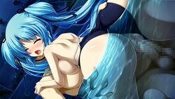 ass ass_grab back bare_shoulders blue_hair blush breast_press breasts censored closed_eyes female game_cg highres hitotsu_tobashi_ren'ai long_hair night open_mouth penis pool pussy sex swimsuit tied_hair twintails vaginal_penetration water wet