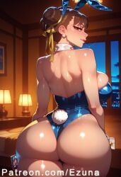 ai_generated big_ass big_breasts big_butt big_thighs blue_leotard blush brown_hair bunny_ears bunny_girl chun-li chun-li_(street_fighter_6) cleavage_cutout ezuna from_behind hair_bun huge_ass huge_breasts huge_butt huge_thighs leotard playboy_bunny red_eyes red_lips street_fighter street_fighter_6 wanuze wide_hips