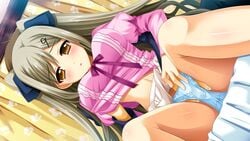 bed blue_panties blush breast_grab breasts brown_hair curtains female fingering game_cg grey_hair highres hitotsu_tobashi_ren'ai large_breasts legs long_hair looking_at_viewer panties short_hair sitting spread_legs thighs tied_hair twintails underwear yellow_eyes