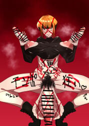 big_balls big_breasts big_penis black_shirt body_writing censored censored_penis corruption futa_only game_freak gardenia_(pokemon) gym_leader hairy_balls hand_on_penis handjob heart_symbol masturbating masturbation nintendo orange_hair penis_nipples pokemon pokemon_dppt pubic_hair squatting textless thick_thighs urashia