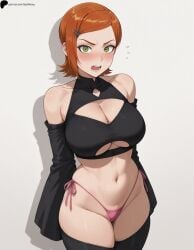 1girl 1girls ai_generated angry bare_shoulders ben_10 black_thighhighs blush breasts cartoon_network center_opening cleavage cleavage_cutout closed_mouth collarbone detached_sleeves earrings green_eyes gwen_tennyson hairclip hi_res high_quality high_resolution highleg_panties highres large_breasts legs_together light lips long_sleeves looking_at_viewer midriff navel nose orange_hair panties patreon_logo patreon_url patreon_username pink_panties plain_background self_upload shadow shiny shiny_clothes shiny_hair shiny_skin short_hair shy side-tie_panties simple_background solo standing thick_thighs thighhighs thighs watermark white_background wide_hips
