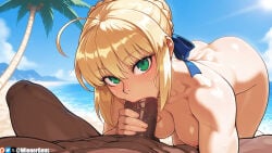 1boy 1girl 2026 2d absurd_res absurd_resolution absurdres ahoge ai_generated all_fours artoria_pendragon_(fate) ass beach blonde_hair blue_ribbon blue_sky blush braid breasts cloud completely_nude dark-skinned_male dark_skin day erection fate/grand_order fate/zero fate_(series) fellatio french_braid green_eyes hair_bun hair_ribbon hetero hi_res high_quality high_resolution highres image interracial looking_at_viewer medium_breasts nipples nude ocean oral outdoors palm_tree patreon patreon_logo patreon_username penis pov ribbon saber_(fate) sidelocks sky solo_focus sweat tree uncensored uncensured veins veiny_penis water watermark wienergens