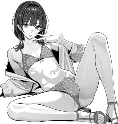 1boy absurd_res androgynous armpit_crease ass_visible_through_thighs bare_shoulders bikini bikini_bottom bikini_top bulge bulge_through_clothing collarbone crossdressing double-parted_bangs ears erect_penis erection eyebrows_visible_through_hair femboy femenine_male front-tie_bikini_top full_body girly greyscale hair_ribbon halftone heeled_sandals jacket knee_up long_sleeves looking_at_viewer low_twintails male male_focus male_only medium_hair monochrome navel open_jacket original penis polka_dot_bikini sandals shoes simple_background small_penis solo solo_male spread_legs testicles thighs tongue_out turisasu v white_background wrist_scrunchie
