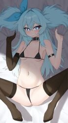 1girls alternate_version_at_source alternate_version_available bikini bikini_bottom bikini_top blue_eyes blue_hair blush breasts cameltoe collar covered_nipples daidaradoji elbow_gloves female female_only florence_(girls'_frontline_2) girls'_frontline girls'_frontline_2:_exilium glove heart-shaped_pupils laying_down laying_on_back long_hair looking_at_viewer lying_down lying_on_back navel pa-15_(girls'_frontline) small_breasts smile thighhighs variant_set