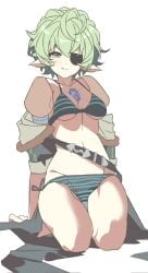 1girls :d :p bikini bikini_bottom bikini_top core_crystal eyepatch female female_focus female_only fluffy fluffy_hair green_eyes green_hair hip_dips hips jacket jacket_partially_removed kneeling kneeling_female kneeling_on_ground light-skinned_female light_skin pandoria_(xenoblade) pointy_ears short_hair small_breasts solo solo_female solo_focus stephanieh81080 stolen_clothes string_bikini tongue tongue_out underboob wearing_others_clothes wearing_partner's_clothes xenoblade_(series) xenoblade_chronicles_2