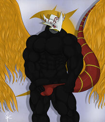 abs biceps big_penis black_penis black_skin digimon dragon erection helmet male male_only nipples no_humans nude pecs penis plantigrade pose red_eyes saixyuniz-xynz solo speedo underwear undressing vritramon wings