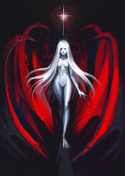 blood bloody_tear breasts claws cross felsus female fingernails long_hair monster navel nipples no_pussy nude original red_eyes sharp_fingernails signature skull solo very_long_hair walking white_hair white_skin