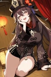 1girl :d ai_generated black_headwear black_nails black_shorts blush breasts brown_hair chinese_clothes digitalwaifugallery flower flower-shaped_pupils genshin_impact hair_between_eyes hand_on_own_face hat hat_flower hi_res high_quality high_resolution hu_tao_(genshin_impact) jewelry large_breasts long_hair long_sleeves looking_at_viewer nail_polish open_mouth patreon plum_blossoms porkpie_hat red_eyes ring seductive sexy short_shorts shorts sitting smile solo symbol-shaped_pupils teeth thighs twintails uncensored watermark