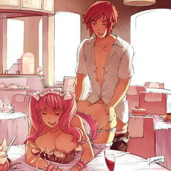 1boy 1girls ass ass_grab bent_over bent_over_table blush bread breasts cafe cake closed_eyes couple cream doggy_style faustsketcher female food lactation large_breasts long_hair maid maid_headdress male nipples open_mouth original panties pants_pull panty_pull pink_hair sex standing_doggy_style straight thighhighs tied_hair twintails unbuttoned_shirt underwear waitress white_legwear white_panties wrist_cuffs