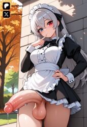 1futa 1girl ai_generated apron below_view big_breasts black_dress blue_eyes blush bow bowtie breasts closed_mouth cock colored cowboy_shot dick dress erection finger_to_mouth frilled_apron frills from_below from_front front_view futa_only futanari futanari/female futanarization grey_hair hair_between_eyes hand_on_own_hip heterochromia huge_penis huge_testicles juliet_sleeves large_breasts large_penis large_testicles light_skin light_skinned_futanari long_hair long_sleeves looking_at_viewer low-angle_view luminus maid maid_apron maid_headdress medium_breasts nickythecreator outdoors penis precum puffy_sleeves red_eyes sexy sexy_body sexy_pose solo standing testicles that_time_i_got_reincarnated_as_a_slime thighs tits tree uncensored valentine veins veiny_penis white_apron
