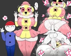 1boy 1girls ahe_gao big_breasts blush breasts bulge climax clown_girl creampie ejaculation ejaculation_while_penetrated endacopia enigi09 erect_nipples heart kissing kissing_while_penetrated mating_press peace_sign pussy sex stockings thick_thighs thighs trapezist_(endacopia) vaginal_penetration