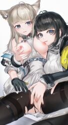 2girls absurdres animal_ears arknights arknights:_endfield bird_ears bird_girl black_gloves black_hair black_jacket black_pantyhose blue_eyes blunt_bangs blush breasts breasts_out censored chinese_commentary clothes_writing commentary_request dress endfield_industries_logo endministrator_(arknights) face_to_breasts female_endministrator_(arknights) fingering gloves grabbing_another's_breast gradient_background grey_background grey_hair groping highres jacket long_hair long_sleeves looking_at_another looking_at_viewer mizuhashi_parusui mosaic_censoring multiple_girls nipple_stimulation nipple_tweak nipples open_mouth pantyhose partial_commentary perlica_(arknights) pussy short_hair smile thighband_pantyhose torn_clothes torn_pantyhose white_background white_dress white_jacket yellow_pupils yuri