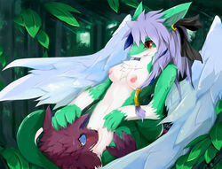 1boy blue_eyes blush breasts dragon dragoon86 eyes female forest furry grey_hair hair nature nipples orange_eyes pussy tail wings