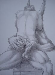 anal ass ass_grab canine gay human humanoid_penis interspecies male monochrome monster_on_male penetration penis plain_background seated sinistervibe size_difference spreading traditional_media werewolf