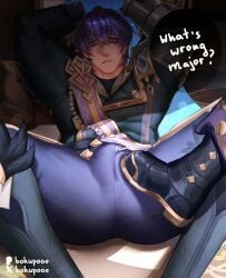 artist_request bulge character_request clothed clothing dominant dominant_male domination dubious_consent forced_submission fully_clothed gay genshin_impact male male_focus male_only small_dom_big_sub spread_legs stepping stepping_on_bulge submission submissive submissive_male tied tied_hands tied_up trampling valeriy_(genshin_impact) yaoi