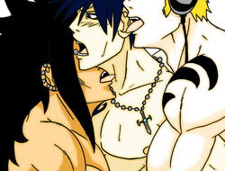 3boys bara devileyes90 fairy_tail gajeel_redfox gay gray_fullbuster laxus_dreyar licking male male_only multiple_males necklace pecs piercing tattoo tongue tongue_out topless trio uncensored yaoi