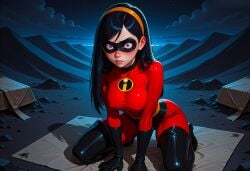 ai_generated big_breasts erect_nipples_under_clothes kneeling latex latex_bodysuit latex_thighhighs looking_at_viewer no_bra the_incredibles thighs violet_parr
