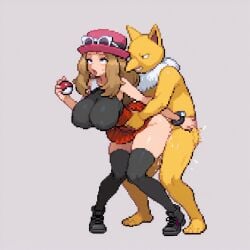 ai_generated clothed_sex feet_apart huge_breasts hypno interspecies pixel_art pixelated rubyart serena_(pokemon) sex sex_from_behind standing_doggy_style standing_sex tagme