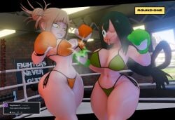 2girls 3d 3d_(artwork) big_breasts bikini blonde_hair boxing boxing_gloves boxing_ring breasts catfight chalkfights cleavage duo female_focus female_only fight fighting fighting_ring green_bikini green_boxing_gloves green_gloves green_hair hair_buns himiko_toga kabalmystic_(style) large_breasts long_hair my_hero_academia orange_bikini orange_boxing_gloves orange_gloves punch punching punching_breasts short_hair thick thick_thighs thighs tongue tongue_out tsuyu_asui uppercut wide_hips