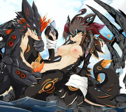 1boy aqua_eyes blush body_markings book breasts dragon dragoon86 female furry moria_archi nipples penis pussy sex smile tail water yellow_eyes