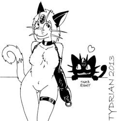 armbinder blush bondage bound breasts female furry heart meowth monochrome monoglove nude pokemon shadow smile tydrian