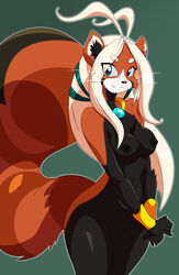 animal_ears anthro black_fur blonde_hair bracers breasts brown_fur chalo chest_tuft edit female furry grey_eyes hair las_lindas looking_at_viewer messiah nipples nude orange_fur photoshop plain_background pose pussy red_panda small_breasts smile solo standing