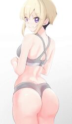 1girl absurdres ass back bare_arms bare_shoulders blonde_hair bra breasts butt_crack closed_mouth commentary_request cowboy_shot duplicate from_behind grey_bra grey_panties hair_between_eyes highres kimi_no_koto_ga_dai_dai_dai_dai_daisuki_na_100-nin_no_kanojo lmtxxn looking_at_viewer looking_back medium_breasts panties purple_eyes short_hair shoulder_blades sidelocks simple_background smile solo sports_bra standing sutou_iku thick_eyebrows thick_thighs thighs undercut underwear underwear_only white_background