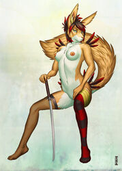 5_fingers anthro black_hair blue_eyes breasts canine closed_mouth color female female_only fox fur furry furry_breasts furry_ears furry_tail green_eyes hand_on_weapon heterochromia hybrid kannos katana lagomorph long_ears looking_at_viewer multicolored_hair navel nipples nude open_eyes orange_fur pussy rabbit raised_tail red_hair sitting solo sword tail vulva weapon white_fur