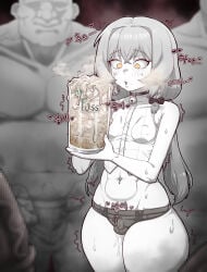beer_mug booty_shorts collar cum_in_mouth dark-skinned_male femboy gokkun grey_hair mug multiple_boys shirt tagme tongkkangi tongkkangi_(streamer)